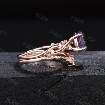 Nature Inspired 1.5ct Oval Alexandrite Engagement Ring Set 14k Rose Gold Leaf Band Moissanite Bridal Set June Birthstone Jewelry Ring Gift