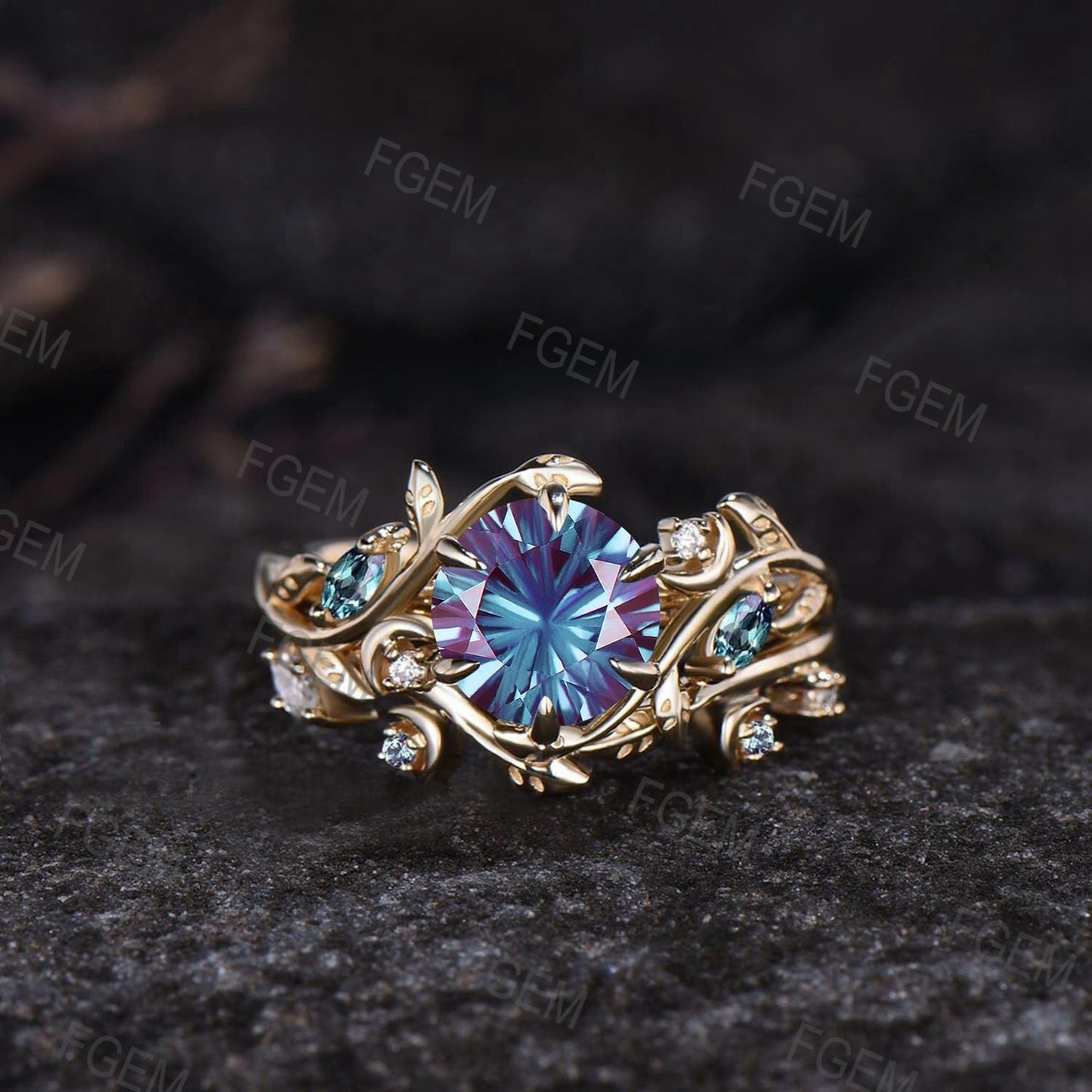 Round Fireworks Cut Alexandrite Engagement Ring Set Unique Leaf Nature Inspired Moon Ring 14k White Gold 2pcs Bridal Ring Set Art Deco Ring