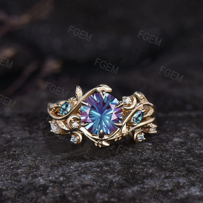 Round Fireworks Cut Alexandrite Engagement Ring Set Unique Leaf Nature Inspired Moon Ring 14k White Gold 2pcs Bridal Ring Set Art Deco Ring