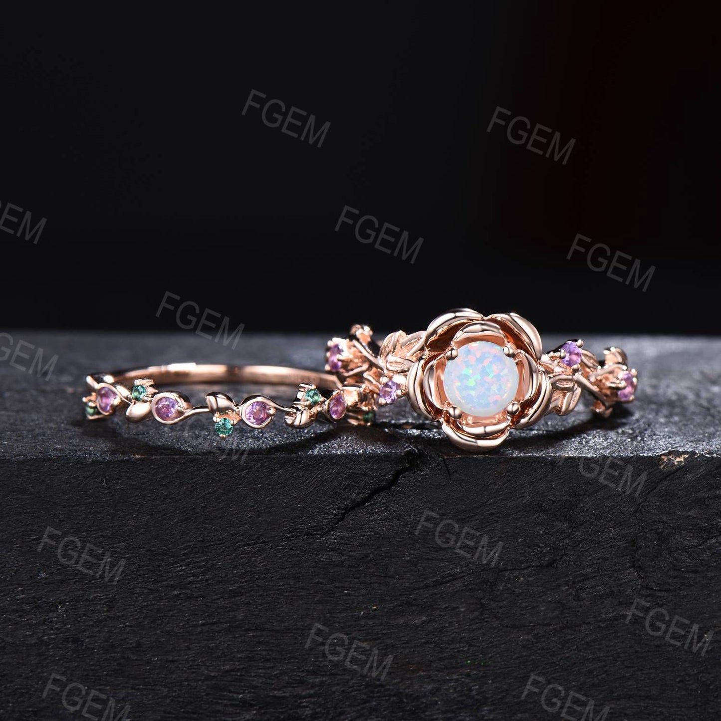 Round White Opal Wedding Ring Set Floral Engagement Ring Nature Inspired Leaf Vine Opal Jewelry Rose Flower Emerald Amethyst Promise Rings