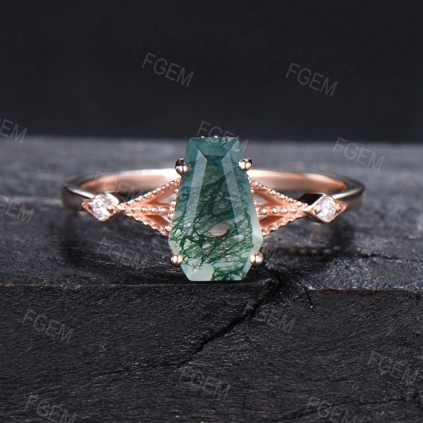 Unique Coffin Shape Natural Moss Agate Moissanite Engagement Ring Set