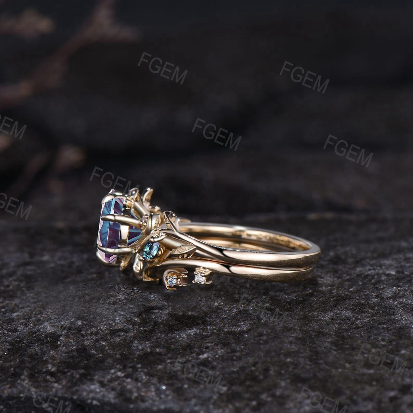 Round Fireworks Cut Alexandrite Engagement Ring Set Unique Leaf Nature Inspired Moon Ring 14k White Gold 2pcs Bridal Ring Set Art Deco Ring