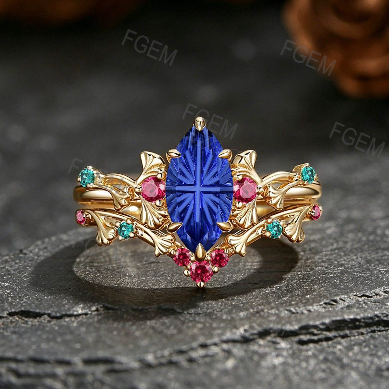 1CT Marquise Fantasy Cut Blue Sapphire Engagement Ring Set Ginkgo Leaf Promise Ring Ruby Emerald Accent Wedding Band