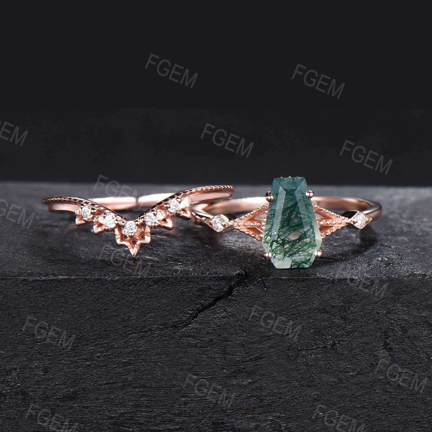 Unique Coffin Shape Natural Moss Agate Moissanite Engagement Ring Set