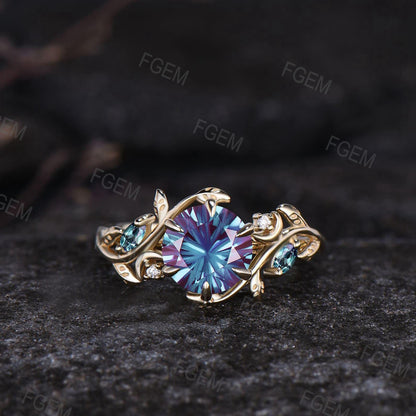Round Fireworks Cut Alexandrite Engagement Ring Set Unique Leaf Nature Inspired Moon Ring 14k White Gold 2pcs Bridal Ring Set Art Deco Ring