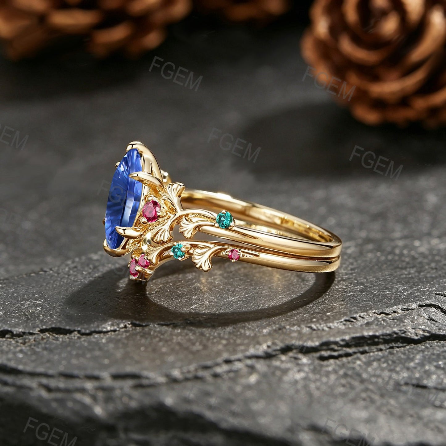 1CT Marquise Fantasy Cut Blue Sapphire Engagement Ring Set Ginkgo Leaf Promise Ring Ruby Emerald Accent Wedding Band