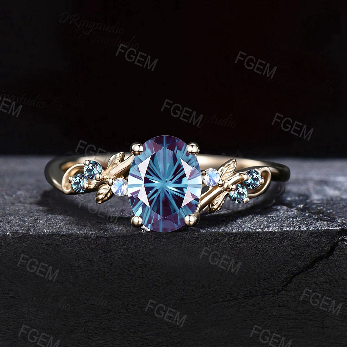 Fireworks Cut Alexandrite Oval Engagement Ring Set Vine Leaf White Gold Nature Inspired Moonstone Bridal Wedding Ring Set June Birthstone