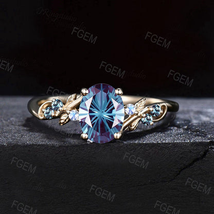 Fireworks Cut Alexandrite Oval Engagement Ring Set Vine Leaf White Gold Nature Inspired Moonstone Bridal Wedding Ring Set June Birthstone