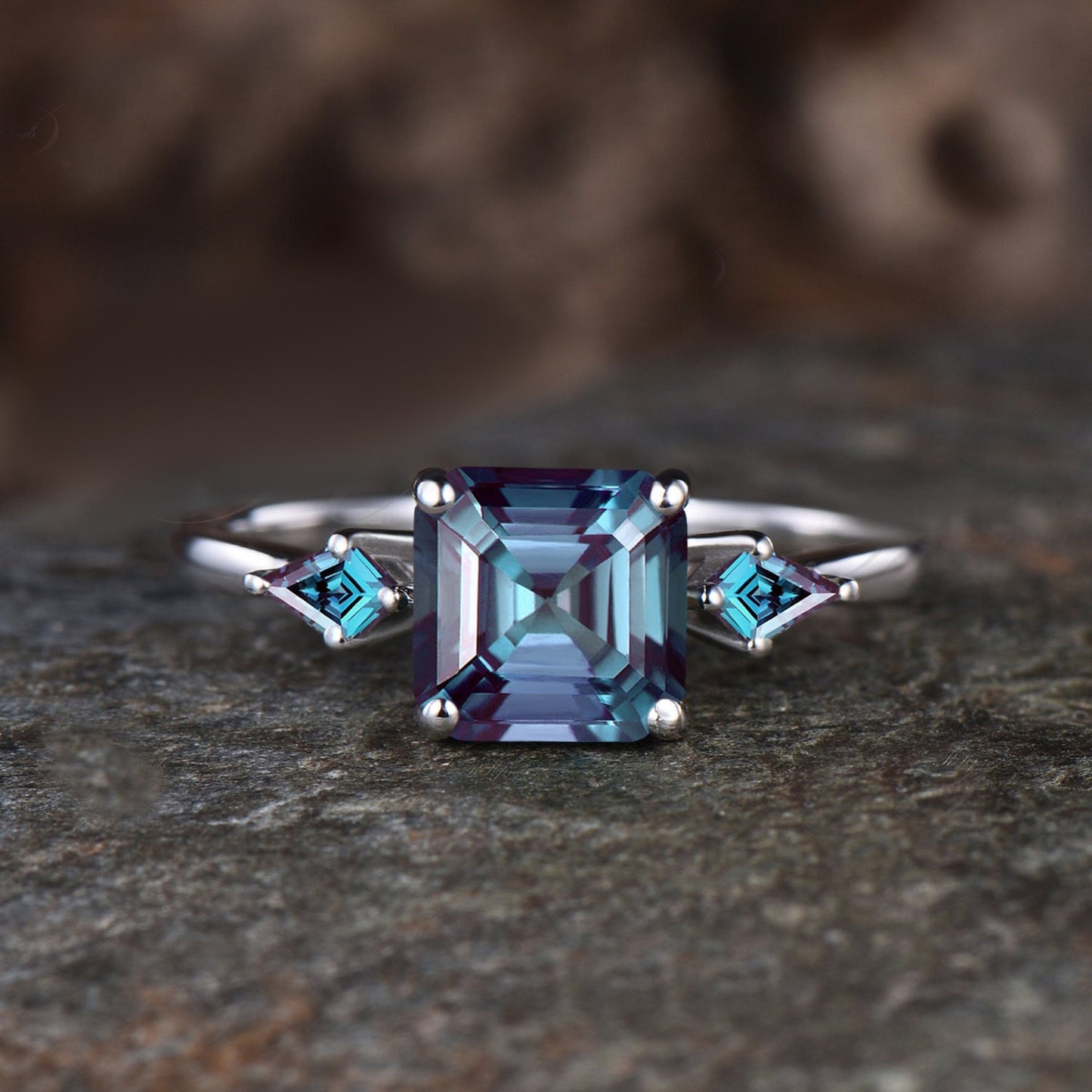 Asscher Cut Alexandrite Engagement Ring June Birthstone Color Change Alexandrite Wedding Ring Art Deco 925 Sterling Silver Three Stone Ring