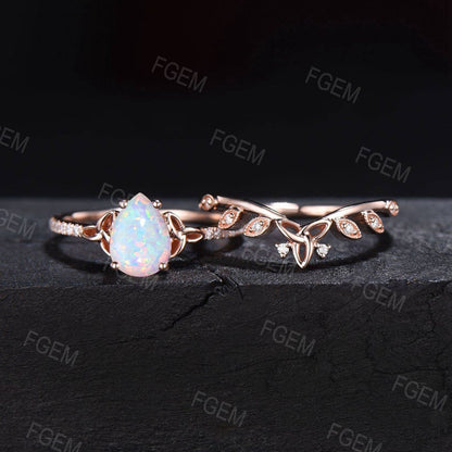 Pear White Opal Celtic Engagement Ring Set Half Eternity Moissanite Band Moissanite Diamond Trinity Knot Wedding Ring Leaf Opal Bridal Set