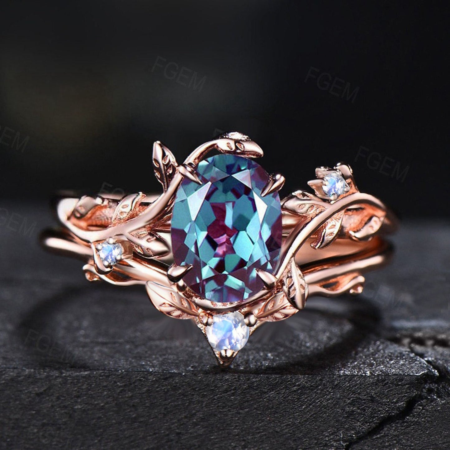 Branch Nature Alexandrite Ring Set 1.5ct Oval Cut Color-Change Alexandrite Engagement Ring June Birthstone Wedding Ring Twig Leaf Bridal Set