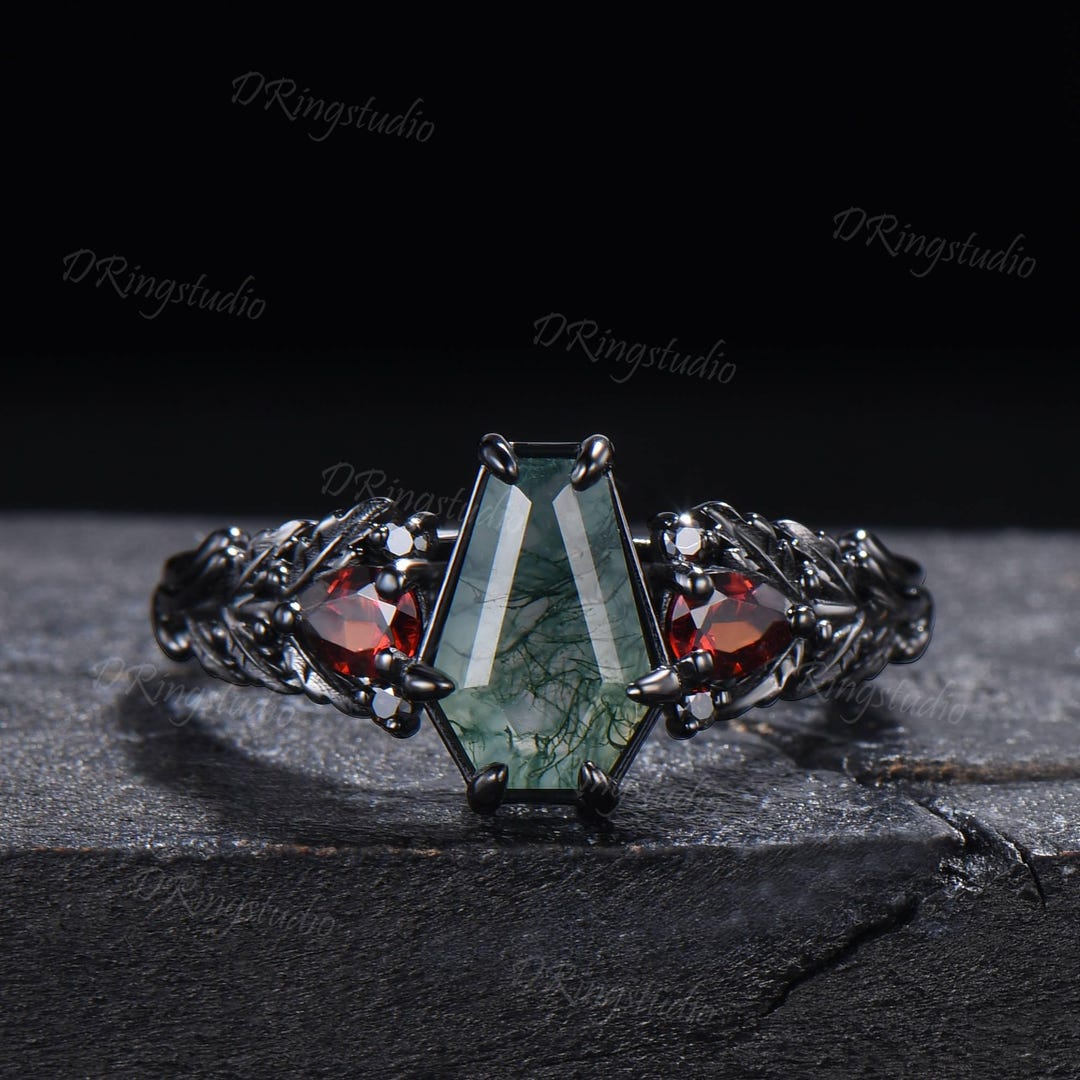 14K Black Gold Coffin Cut Natural Moss Agate Garnet Engagement Ring for Her Gothic Oak Leaf Inspired Cluster Promise Ring Proposal Gift