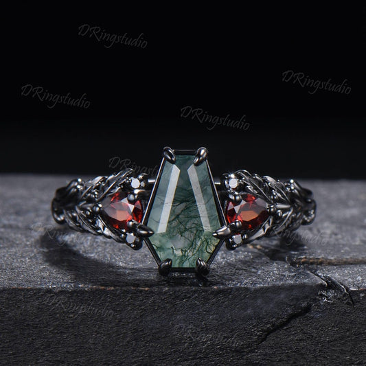 14K Black Gold Coffin Cut Natural Moss Agate Garnet Engagement Ring for Her Gothic Oak Leaf Inspired Cluster Promise Ring Proposal Gift