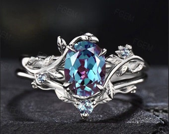 Branch Nature Alexandrite Ring Set 1.5ct Oval Cut Color-Change Alexandrite Engagement Ring June Birthstone Wedding Ring Twig Leaf Bridal Set