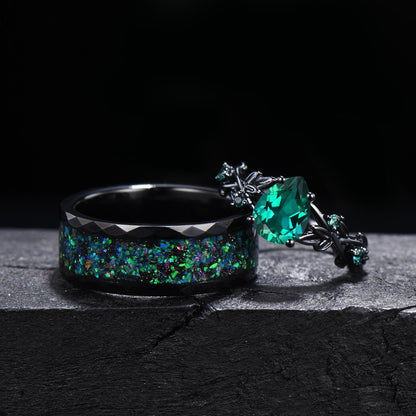 Gothic Black Green Emerald Couples Ring Black Gold Matching Ring Set Tungsten Black Opal Promise Ring Set For Men and Women Anniversary Gift