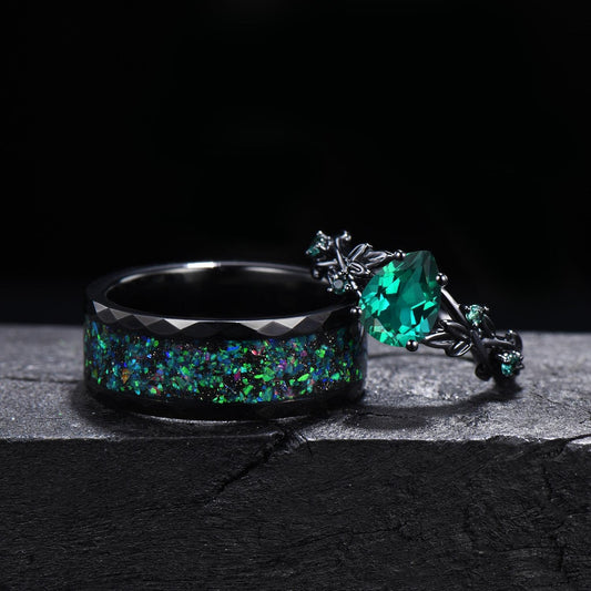 Gothic Black Green Emerald Couples Ring Black Gold Matching Ring Set Tungsten Black Opal Promise Ring Set For Men and Women Anniversary Gift