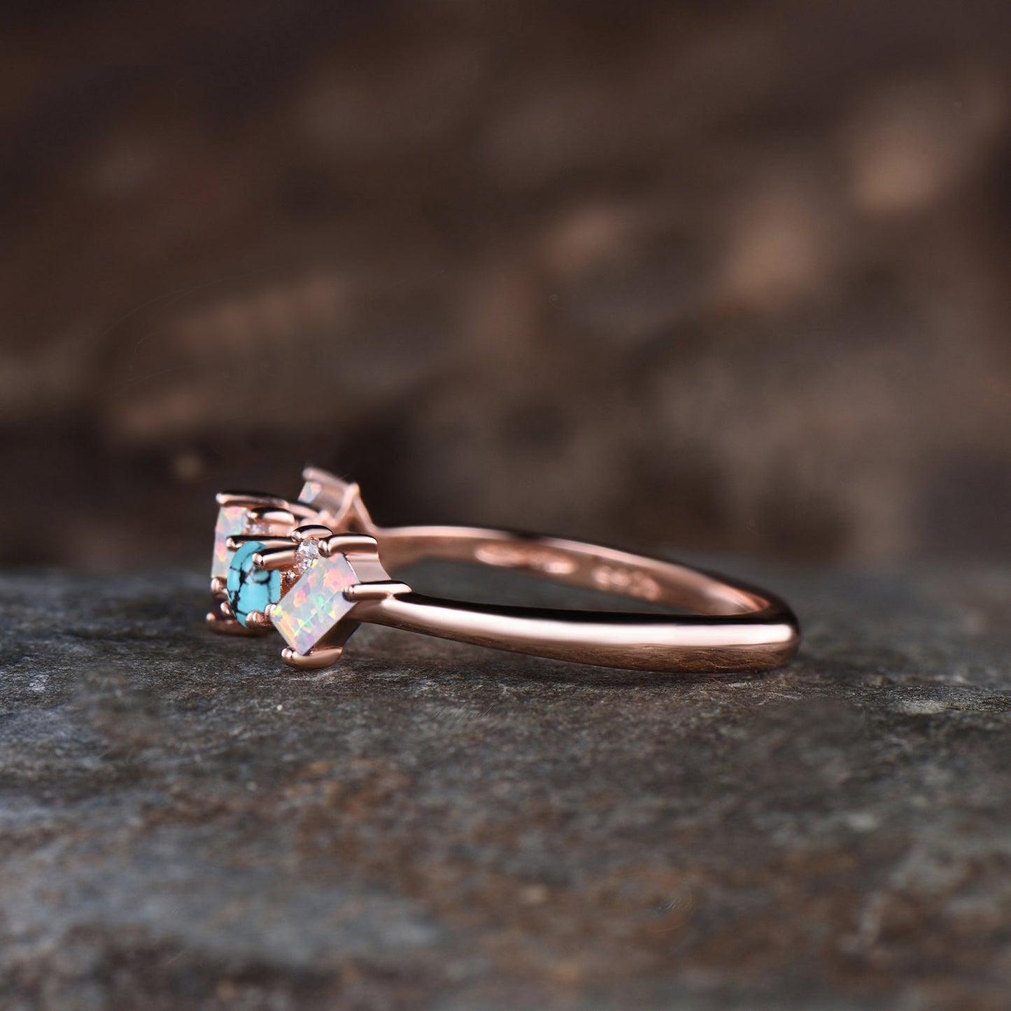 Vintage Opal Turquoise Wedding Band Unique Cluster Wedding Ring Antique October Birthstone December Birthstone Promise Birthday Jewelry Gift