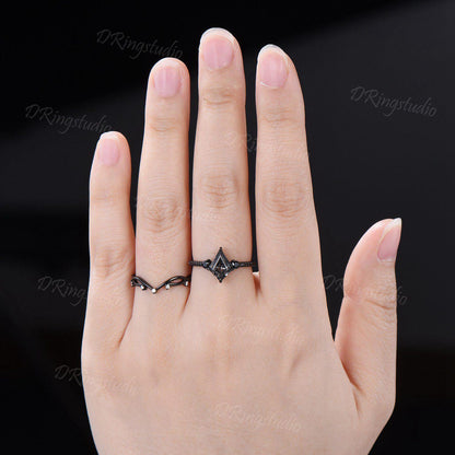 Retro Kite Black Rutilate Quartz Engagement Ring,Vintage Black Silver Ring Set,Unique Black Spinel Diamond Promise Ring Anniversary Gift