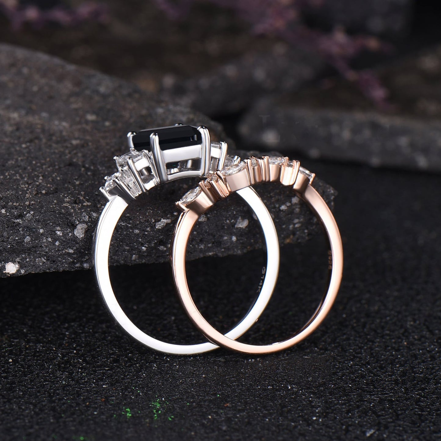 Unique Emerald Shape Black Onyx Engagement Ring Vintage Princess Baguette Moissanite Five Stone Ring Art Deco Contour Nesting Band For Women