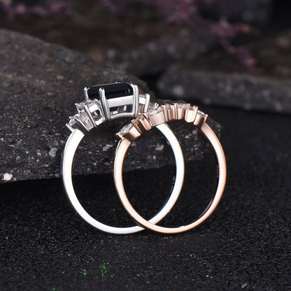 Unique Emerald Shape Black Onyx Engagement Ring Vintage Princess Baguette Moissanite Five Stone Ring Art Deco Contour Nesting Band For Women
