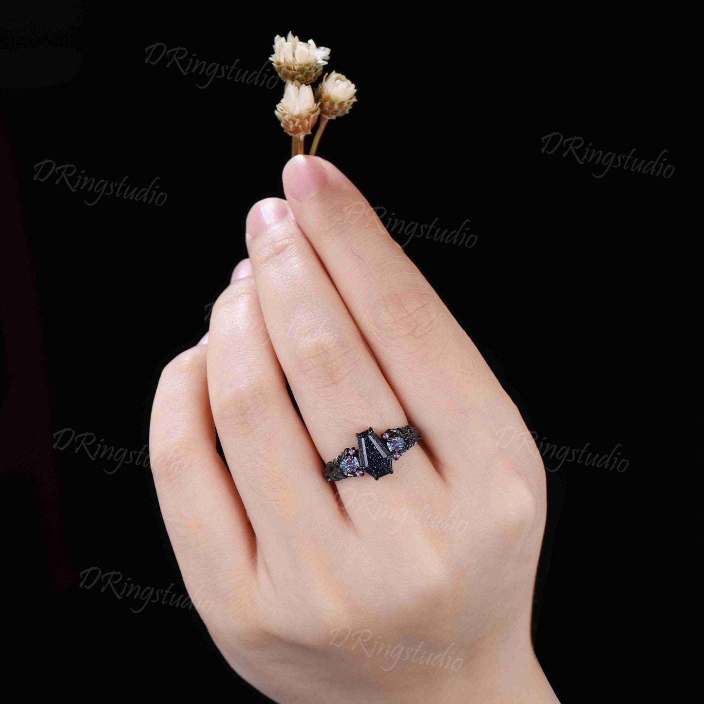 Coffin Cut Blue Sandstone Nature Inpsired Engagement Ring Oak Twig Leaf Amethyst Alexandrite Bridal Ring 14K Black Gold Nebula Ring for Her