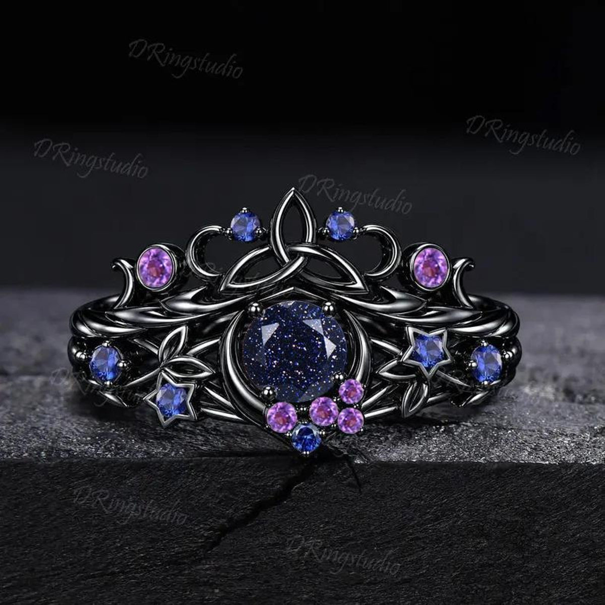 Blue Sandstone Moon Engagement Ring Set Gothic Black Gold Amethyst Sapphire Stacking Ring Nature Inspired Celtic knot Starry Promise Ring