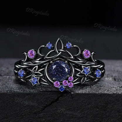 Blue Sandstone Moon Engagement Ring Set Gothic Black Gold Amethyst Sapphire Stacking Ring Nature Inspired Celtic knot Starry Promise Ring