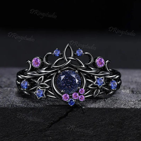 Blue Sandstone Moon Engagement Ring Set Gothic Black Gold Amethyst Sapphire Stacking Ring Nature Inspired Celtic knot Starry Promise Ring