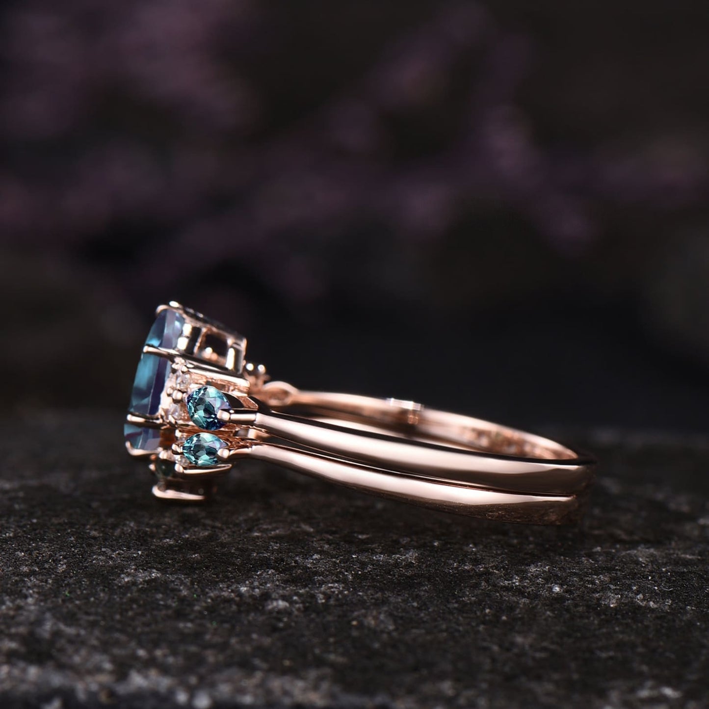 Unique June Birthstone Hexagon Cut Alexandrite Engagement Ring Set Moissanite Seven Stone Ring 14k Rose Gold 2pcs Bridal Ring Set Women