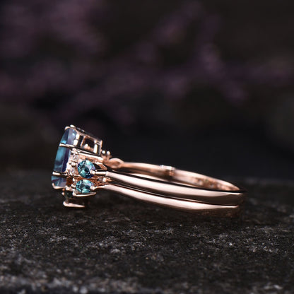 Unique June Birthstone Hexagon Cut Alexandrite Engagement Ring Set Moissanite Seven Stone Ring 14k Rose Gold 2pcs Bridal Ring Set Women