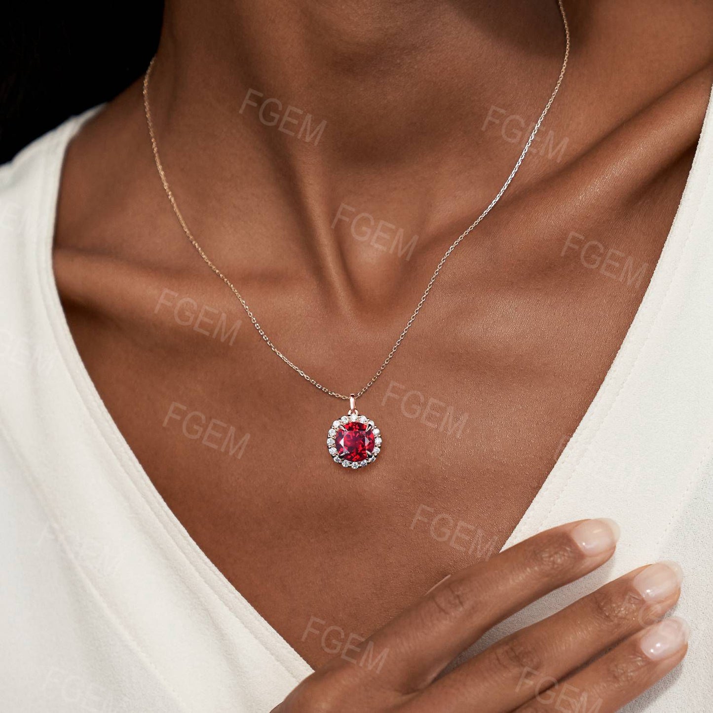 6.5mm Round Ruby Chain Necklace Rose Gold Moissanite Diamond Pendant Vintage Red Gemstone Halo Wedding Necklace July Birthstone Promise Gift