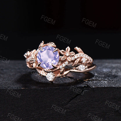 Leaf Branch Round Lavender Amethyst Engagement Ring Flower Moissanite Bridal Set Natural Amethyst Wedding Ring Nature Jewelry Proposal Gifts