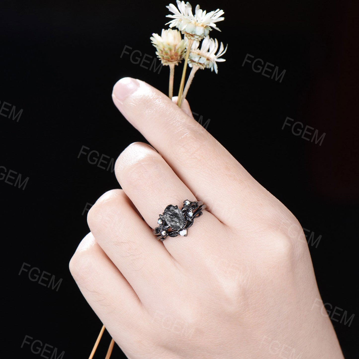 Vintage Black Rutilated Quartz Engagement Ring Oval Natural Black Gemstone Ring Black Gold White Opal Wedding Ring Anniversary Gift for Him