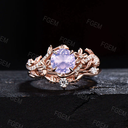 Leaf Branch Round Lavender Amethyst Engagement Ring Flower Moissanite Bridal Set Natural Amethyst Wedding Ring Nature Jewelry Proposal Gifts