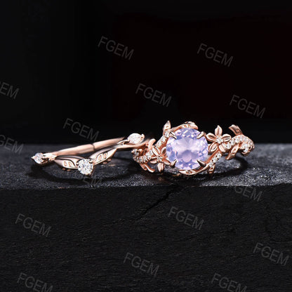 Leaf Branch Round Lavender Amethyst Engagement Ring Flower Moissanite Bridal Set Natural Amethyst Wedding Ring Nature Jewelry Proposal Gifts