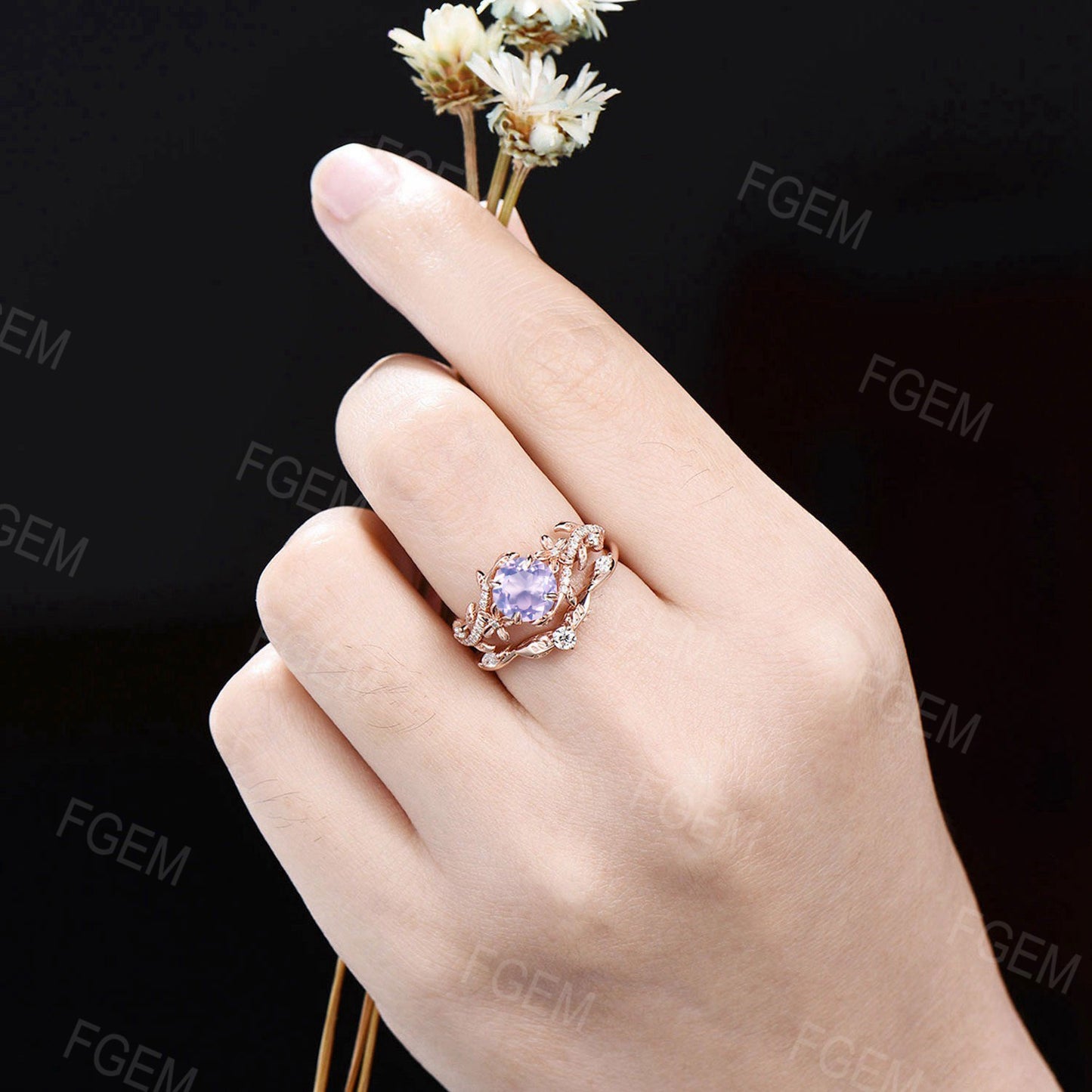 Leaf Branch Round Lavender Amethyst Engagement Ring Flower Moissanite Bridal Set Natural Amethyst Wedding Ring Nature Jewelry Proposal Gifts