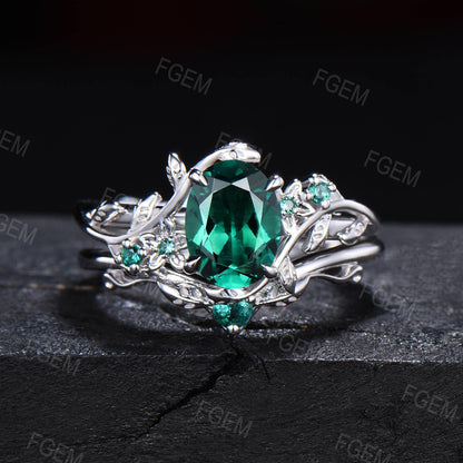 Nature Inspired Rose Flower Green Emerald Engagement Ring Set Branch Leaf Floral Wedding Ring Vintage Oval Cut Green Emerald Ring Set