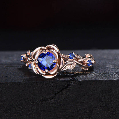 5mm Nature Inspired Blue Sapphire Ring 10K Yellow Gold Twig Leaf Rose Flower Blue Sapphire Nature Engagement Rings Unique Anniversary Gifts