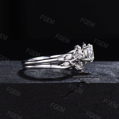 1ct Round Cut Grey Moissanite Wedding Ring Set 14K Gold Leaf Engagement Ring Vine Branch Moissanite Promise Ring Botanical Anniversary Gift