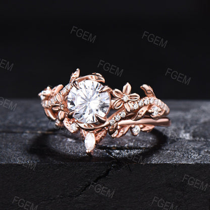 1ct Round Lab Grown Diamond Ring Set Vintage Flower Real Diamond Wedding Ring Branch Leaf Bridal Set IGI Certificate Ring Anniversary Gifts