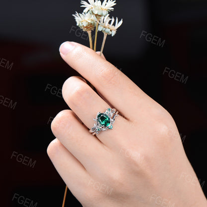 Nature Inspired Rose Flower Green Emerald Engagement Ring Set Branch Leaf Floral Wedding Ring Vintage Oval Cut Green Emerald Ring Set