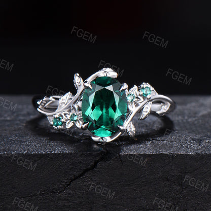 Nature Inspired Rose Flower Green Emerald Engagement Ring Set Branch Leaf Floral Wedding Ring Vintage Oval Cut Green Emerald Ring Set