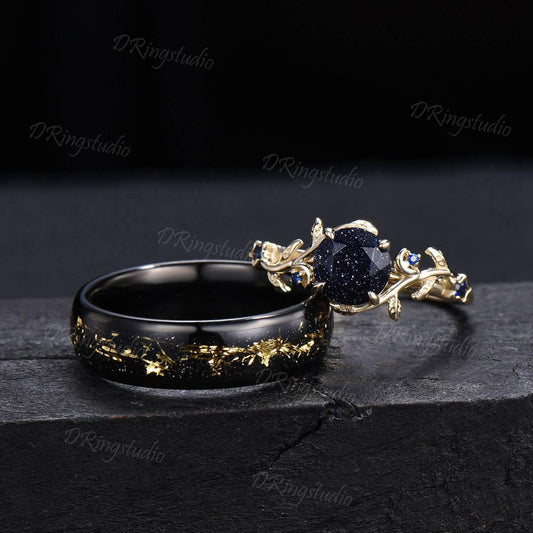 Starry Sky Blue Sandstone Couple Rings Set Vintage Gold Foil Tungsten Wedding Band 14k Gold Celestial Galaxy Engagement Ring for Her & Him