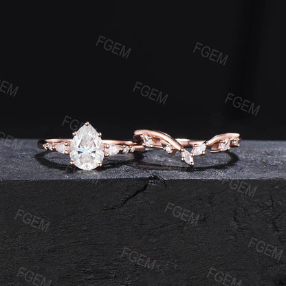 1.25ct Teardrop Moissanite Engagement Ring Set Vintage 14K Rose Gold Pear Wedding Ring Moissanite Diamond Bridal Set Anniversary Gift for Women