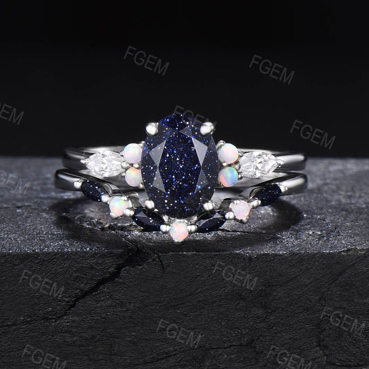 1.5ct Oval Galaxy Blue Sandstone Engagement Ring Set Art Deco Moissanite Opal Bridal Set Sterling Silver Starry Goldstone Ring Proposal Gift