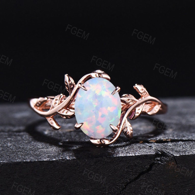 Nature Inspired Leaf Opal Ring Sterling Silver White Opal Ring for Women 1ct Round Cut Opal Engagement Ring October Birthstone Birthday Gift