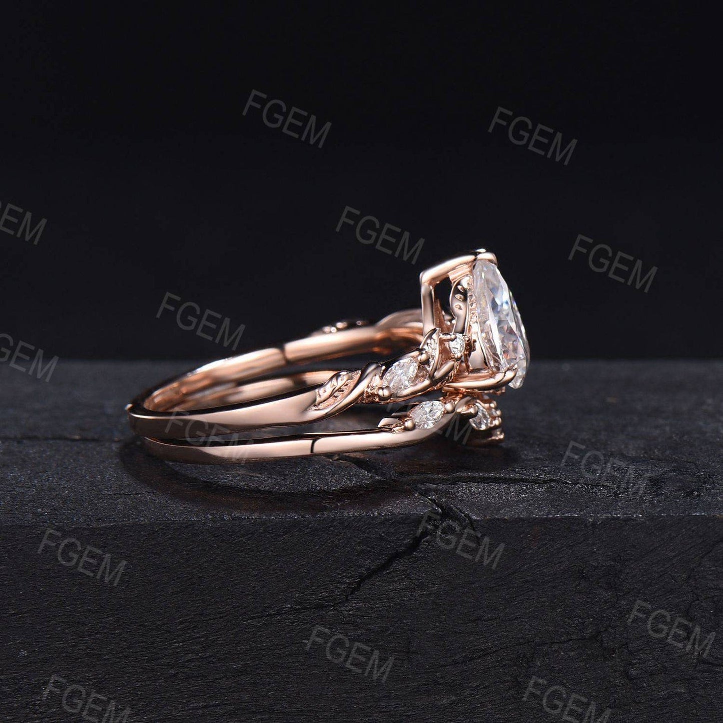 Nature Inspired Pear Cut Diamond Engagement Ring Set 1.25 CTW Caydia Lab Grown Diamond Ring IGI Certificate Bridal Set for Women Flawless Diamond Ring