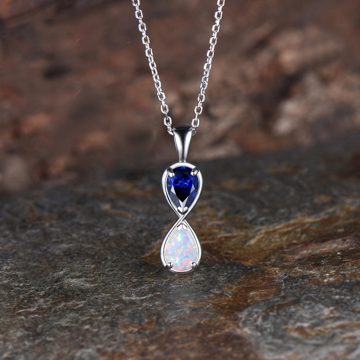 Unique Pear Cut Blue Sapphire Necklace Minimalist Teardrop Opal Necklace Art Deco Two Stone Pendant Toi et Moi Necklace