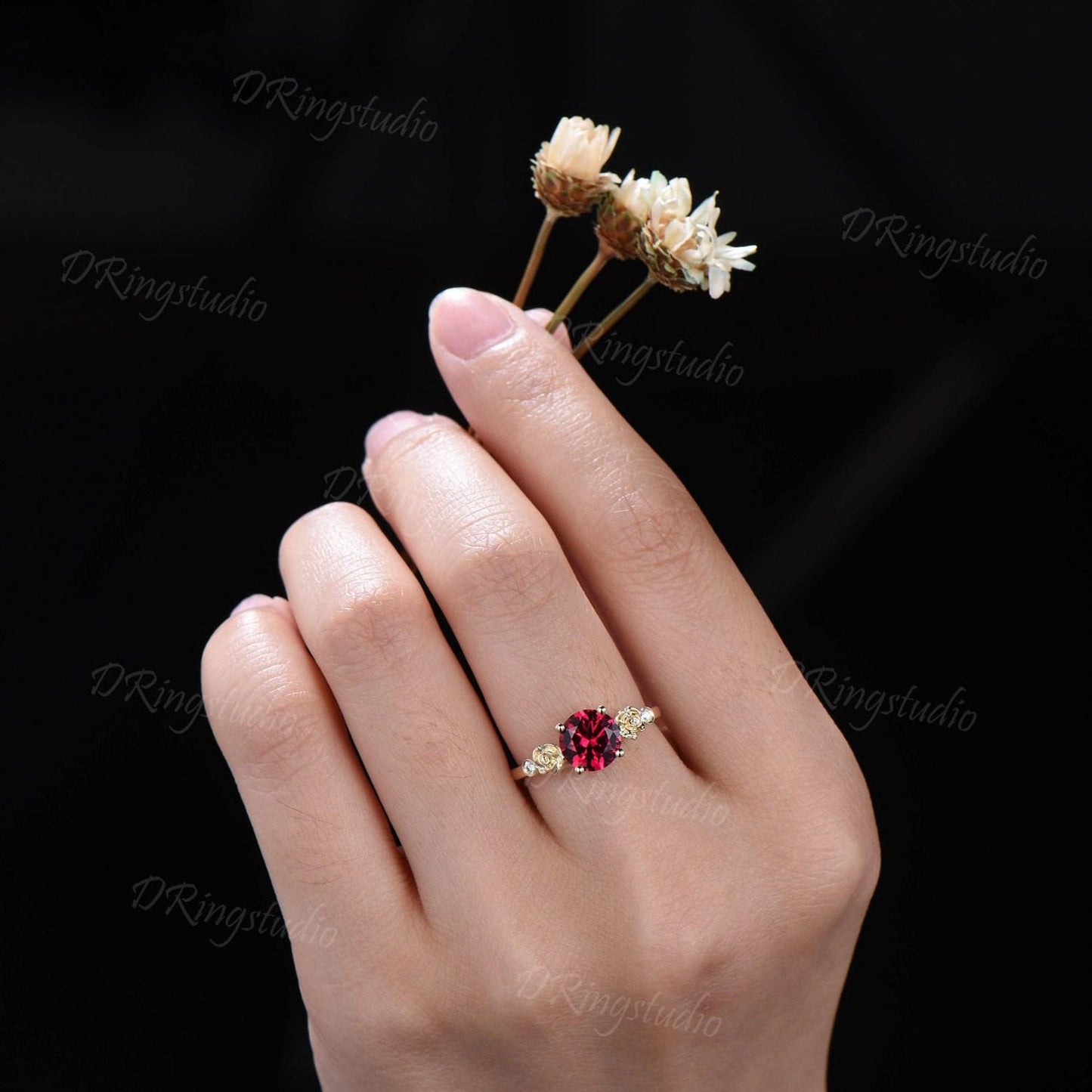 Rose Flower Nature Inspired Red Ruby Engagement Ring Round Ruby Nature Wedding Ring Floral Ruby Moissanite Ring July Birthstone Jewelry Gift
