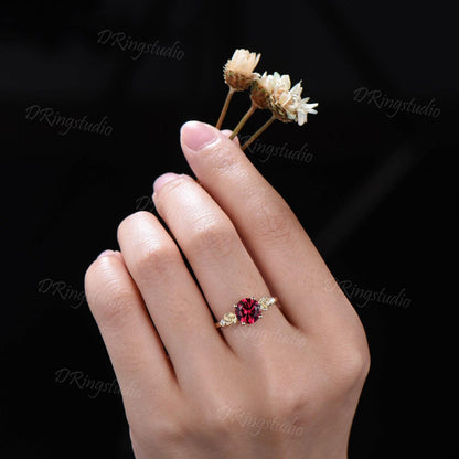 Rose Flower Nature Inspired Red Ruby Engagement Ring Round Ruby Nature Wedding Ring Floral Ruby Moissanite Ring July Birthstone Jewelry Gift
